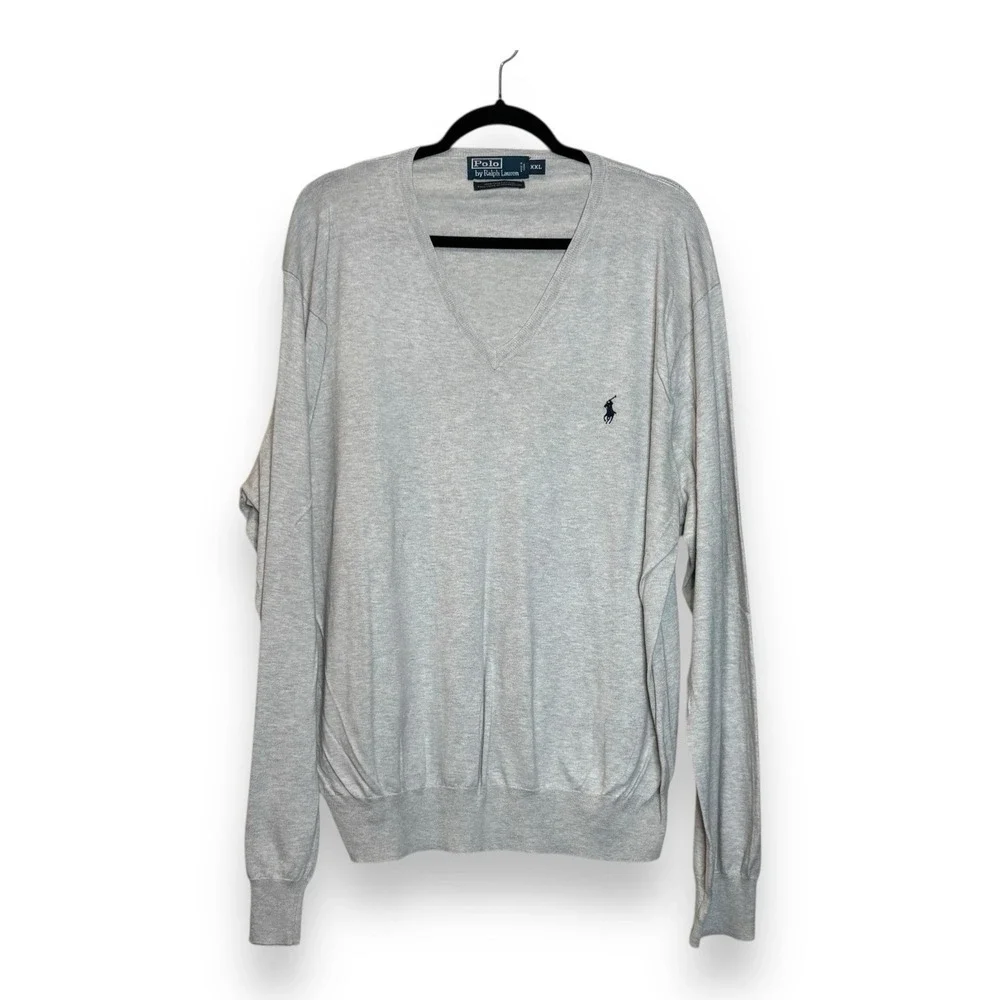 Polo Ralph Lauren Knit‎ Top V Neck Sweater 100% Pima Cotton XXL Gray Sewn Pony